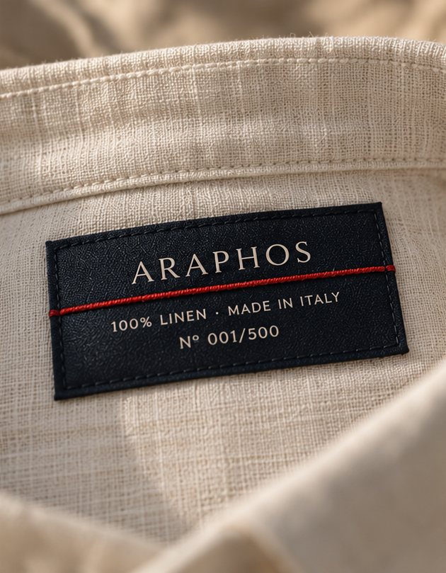 Geweven label in Ink met ARAPHOS, 100% linen, made in Italy en Nº 001/500, met een scharlaken draad erdoor