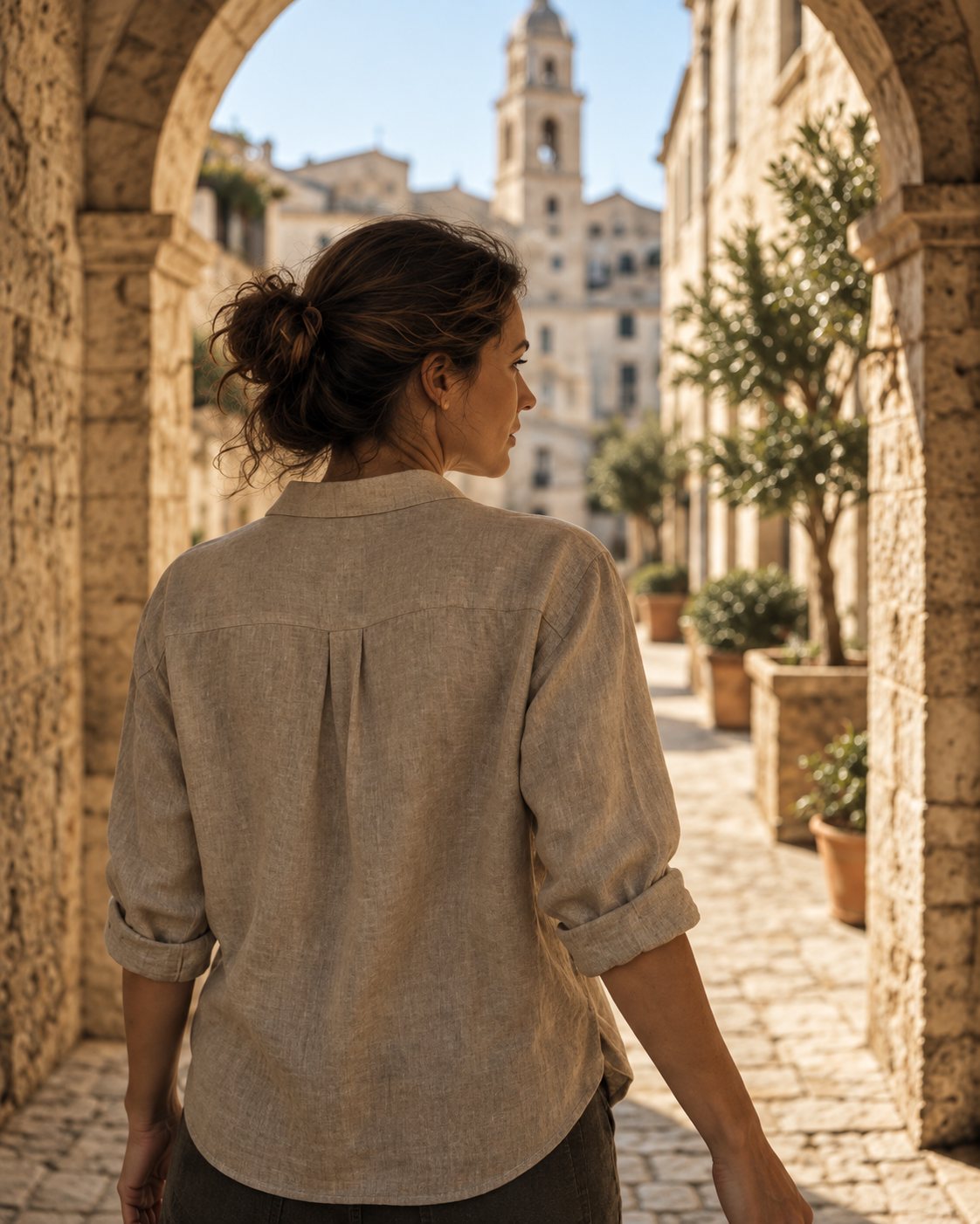 Vrouw in een linnen blouse in Flax loopt onder een stenen boog door